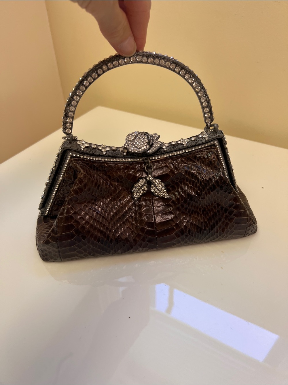 Embellished Brown Snake-Effect Evening Top Handle Bag